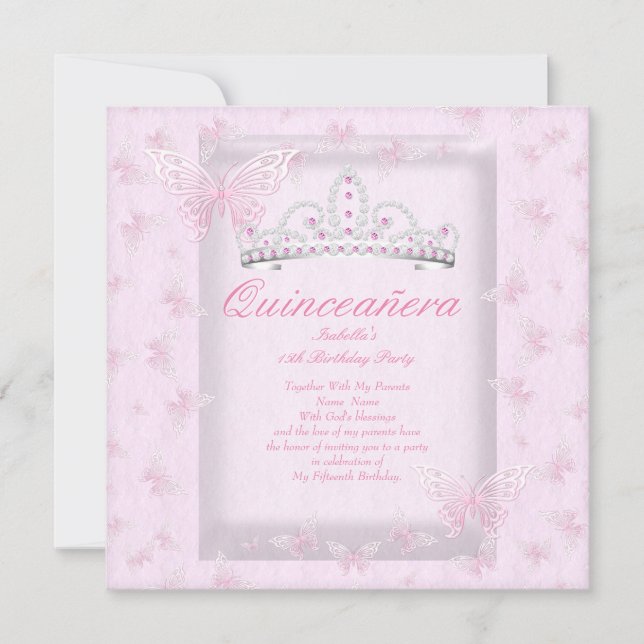 Pretty Pink Quinceanera Party Tiara Butterflies Invitation (Front)