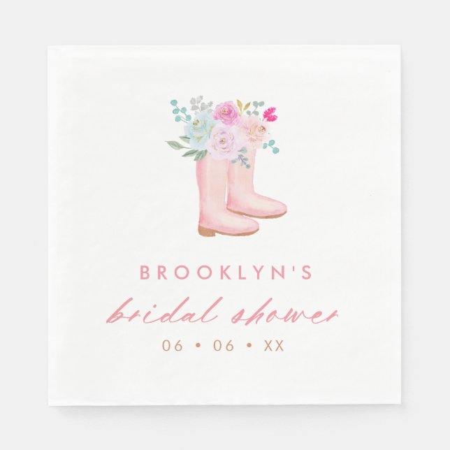 Pretty Pink Rain Boots & Flowers Bridal Shower Napkins (Front)