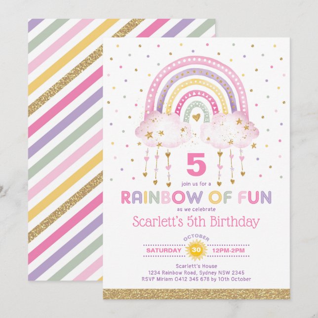 Pretty Pink Rainbow Clouds Girls Birthday Party Invitation (Front/Back)
