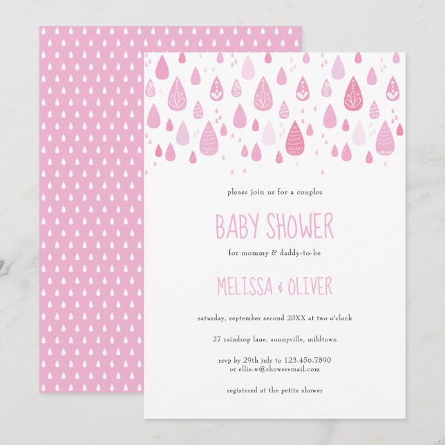 Pretty Pink Raindrops Couples Baby Shower Invitation (Front/Back)