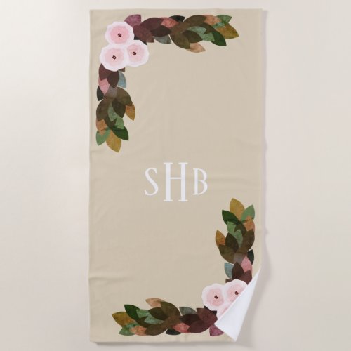 Pretty Pink Ranunculus Flowers  Foliage Initials Beach Towel