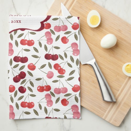 Pretty Pink  Red Cherry Pattern  Monogram Tea Kitchen Towel