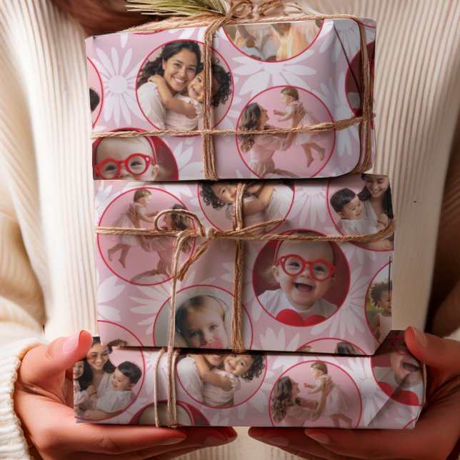 Pretty Pink & Red Photo & Daisy Pattern Wrapping Paper Sheets (Creator Uploaded)