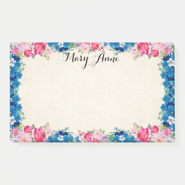 Pretty Pink Red Roses Blue Flowers Personalized Post-it Notes (Front)