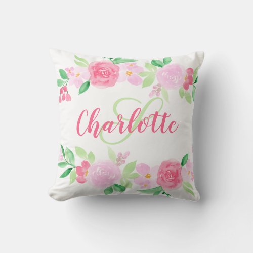 Pretty pink red roses floral watercolor monogram throw pillow