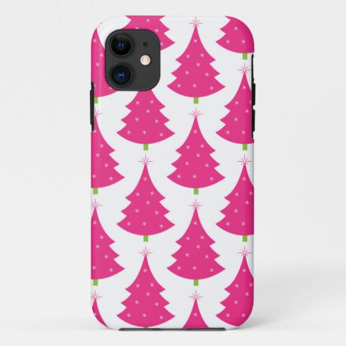 Pretty Pink Retro Christmas Tree Pattern iPhone 11 Case