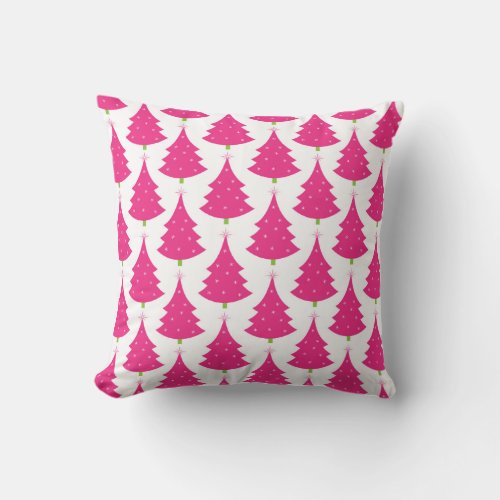 Pretty Pink Retro Christmas Tree Pattern Throw Pillow