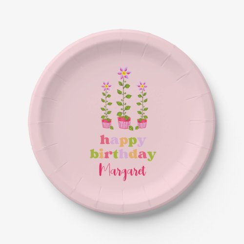 Pretty Pink Retro Floral Personalized Birthday Paper Plates