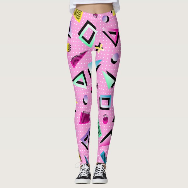 Pretty Pink Retro Geometric 80s style Leggings (Front)