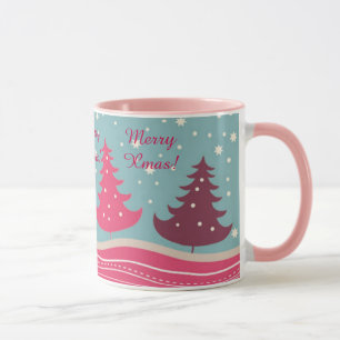 Pretty Pink Retro Merry Christmas Tree, Girly Mug