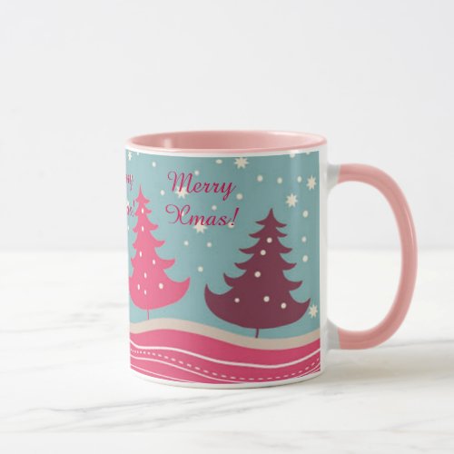 Pretty Pink Retro Merry Christmas Tree Girly Mug