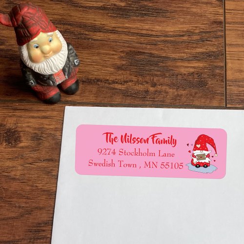 Pretty pink return address labels with red gnome 