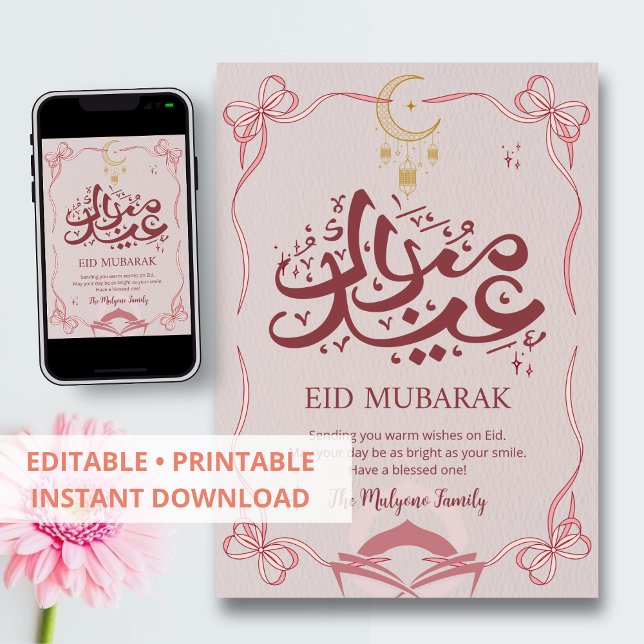 Pretty Pink Ribbon and Crescent Eid Mubarak Card (Creator Uploaded)