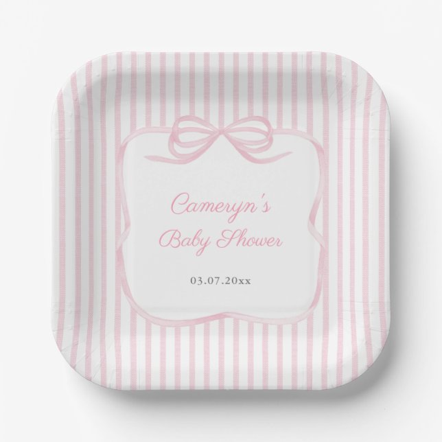 Pretty Pink Ribbon Bow Baby Shower For Girl Party Paper Plates (Front)