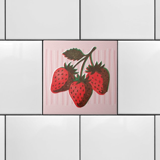 Pretty Pink Risograph 3 Strawberries & Stripes  Ceramic Tile (Creator Uploaded)