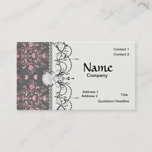 Customizable pretty pink romantic heart damask on vintage grey business card template