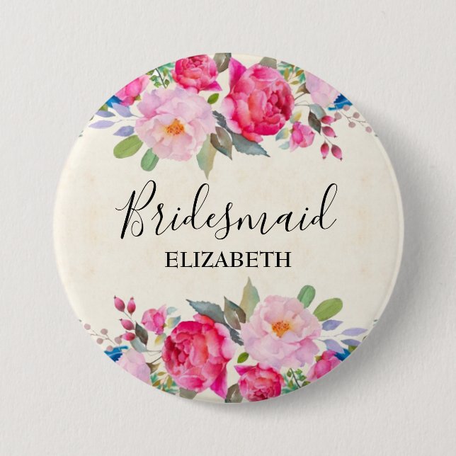 Pretty Pink Rose and Peony Border Bridesmaid Button (Front)