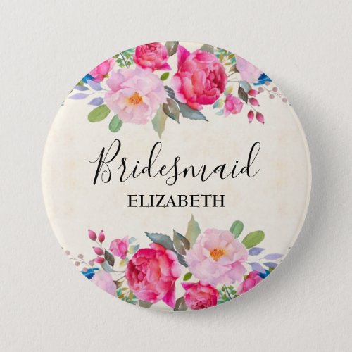 Pretty Pink Rose and Peony Border Bridesmaid Button