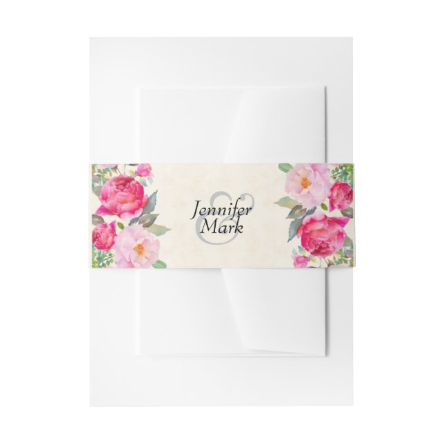 Pretty Pink Rose and Peony Border Wedding Invitation Belly Band (Front Example)
