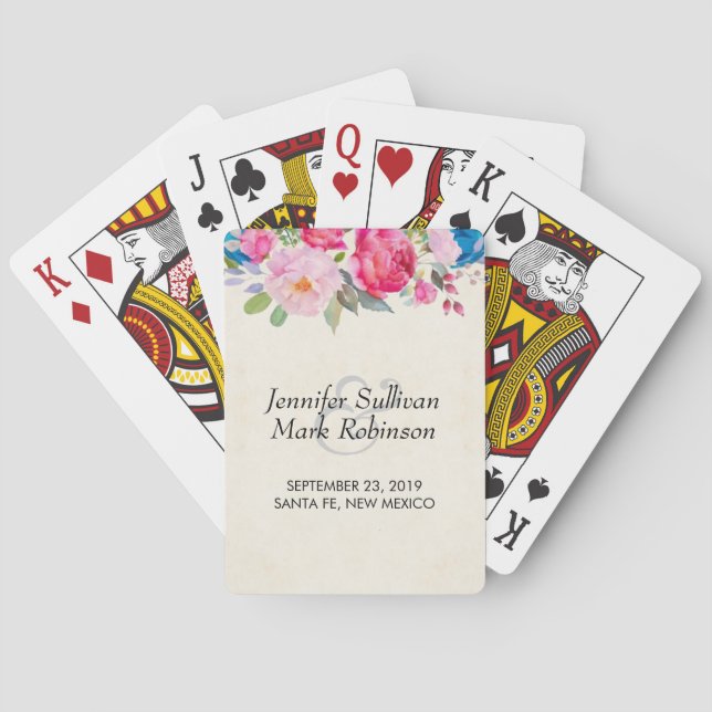 Pretty Pink Rose and Peony Border Wedding Poker Cards (Back)