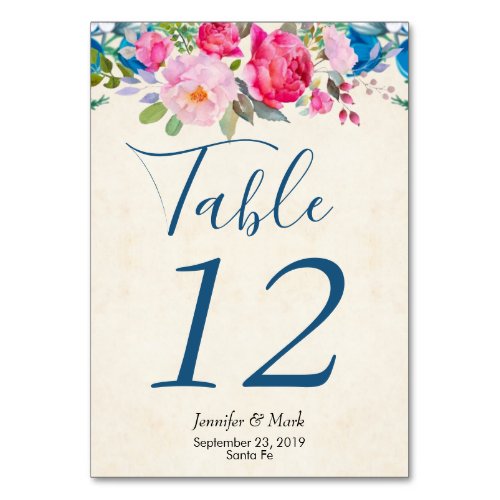 Pretty Pink Rose and Peony Border Wedding Table Number