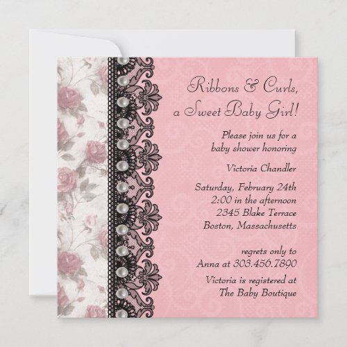 Pretty Pink Rose Baby Girl Shower Custom Announcements