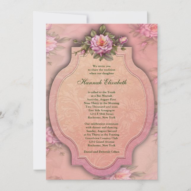 Pretty Pink Rose Bat Mitzvah Invitation (Front)