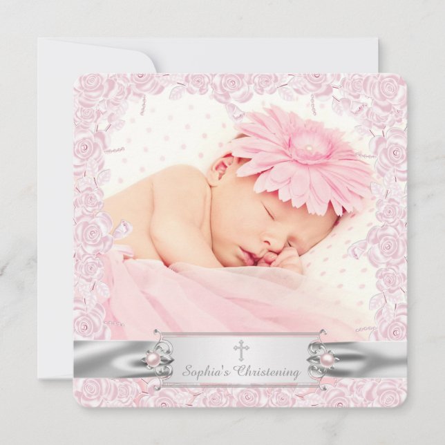 Pretty Pink Rose Christening Invitation (Front)