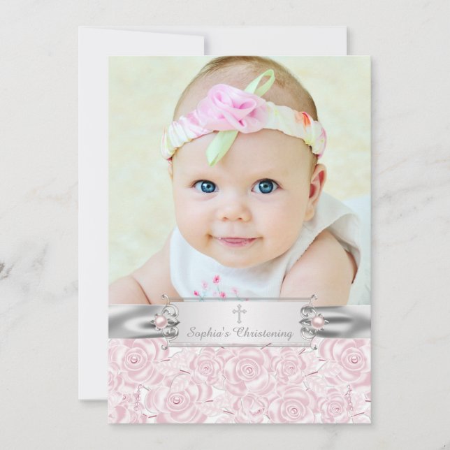 Pretty Pink Rose Christening Invitation (Front)