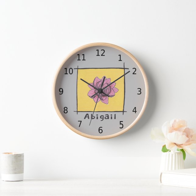 Pretty pink rose doodle, your name, on gray clock (Home)