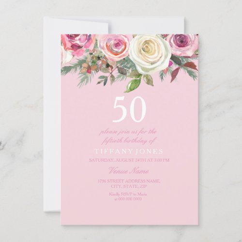 Pretty Pink Rose Floral 50th Birthday Invite