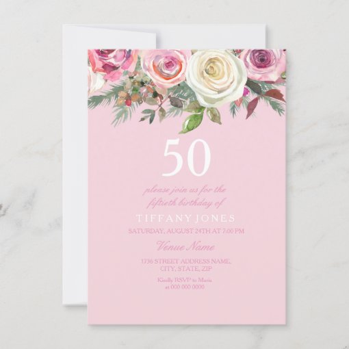 Pretty Pink Rose Floral 50th Birthday Invite | Zazzle