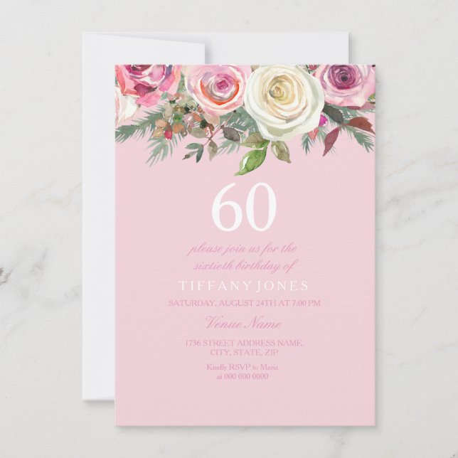 Pretty Pink Rose Floral 60th Birthday Invite (Front)