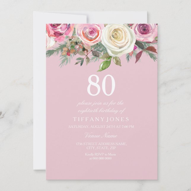 Pretty Pink Rose Floral 80th Birthday Felt Invite (Front)