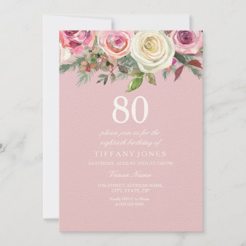 Pretty Pink Rose Floral 80th Birthday Felt Invite
