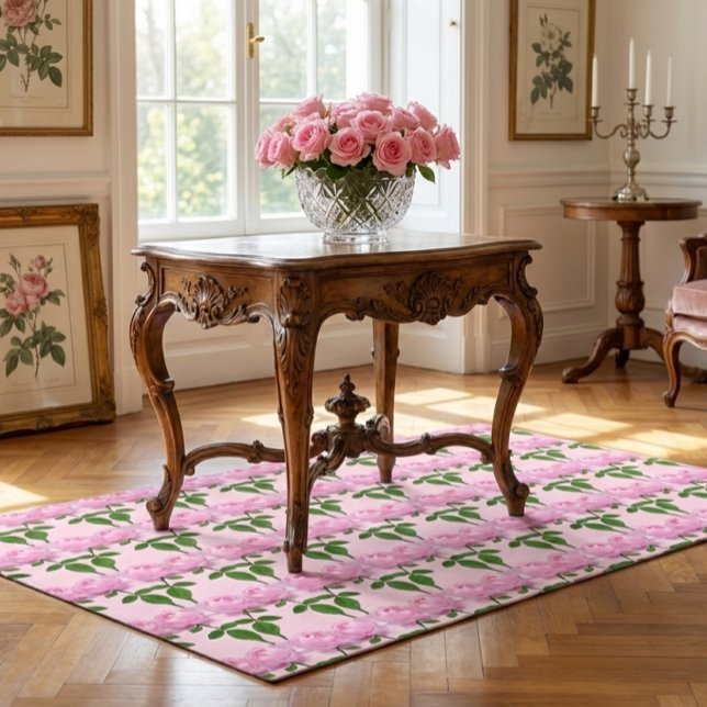 Pretty Pink Rose Floral Girls Room Rug (Vintage pink rose rug with green leaves, romantic floral pattern, ideal for classic interiors.)