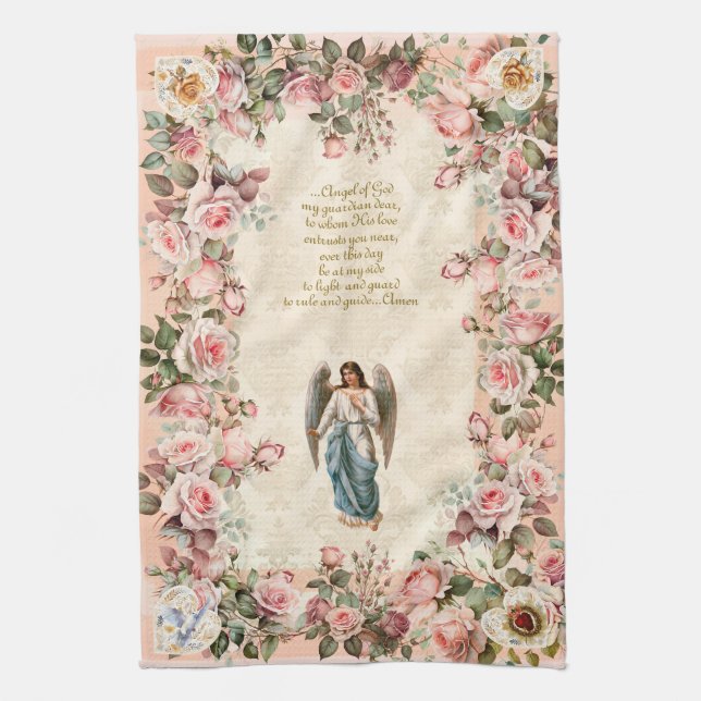 Pretty Pink Rose Floral Guardian Angel Kitchen Towel (Vertical)