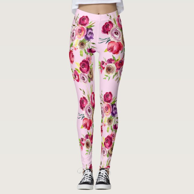 Pretty Pink Rose Floral Leggings (Front)