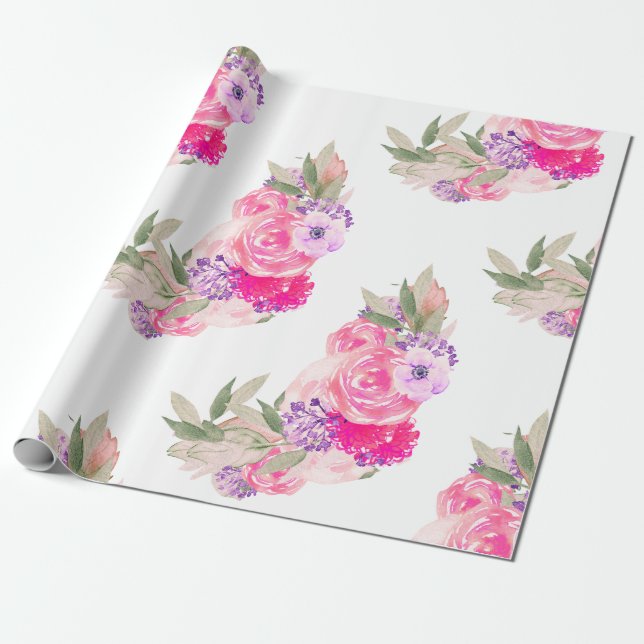 Pretty Pink Rose Floral Wrapping Paper (Unrolled)