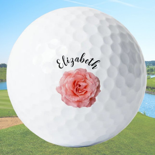 Pretty pink rose flower custom name ladies golf balls (Creator Uploaded)