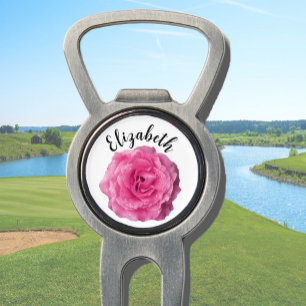 Pretty pink rose flower custom name womens divot tool