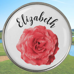 Pretty pink rose flower custom name womens golf ball marker