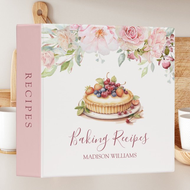 Pretty Pink Rose Flower Floral Baking Recipe 3 Ring Binder (In situ)