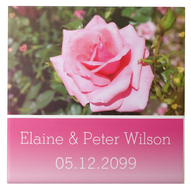 Pretty pink rose flower wedding anniversary ceramic tile (Front)