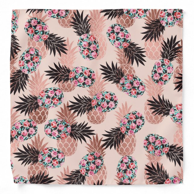 Pretty Pink Rose Gold Floral Pineapple Fruit Bandana (Front)