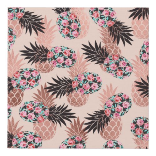 Pretty Pink Rose Gold Floral Pineapple Fruit Faux Canvas Print