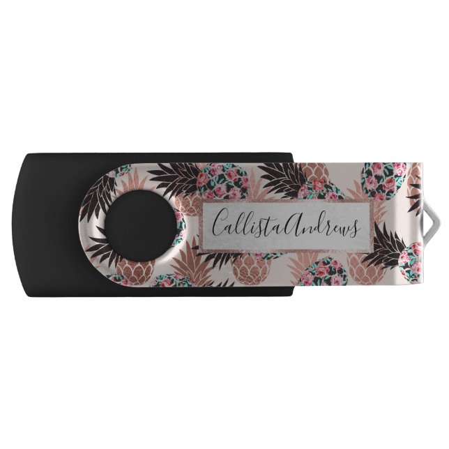 Pretty Pink Rose Gold Floral Pineapple Fruit Flash Drive (Front)