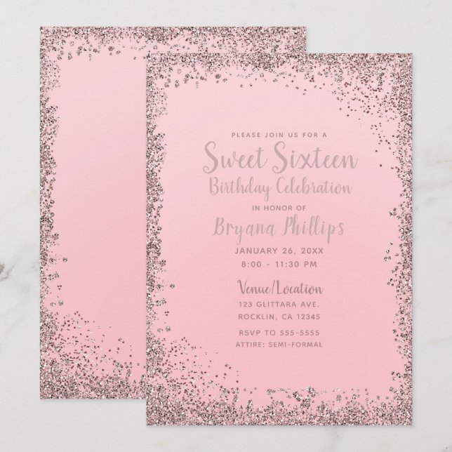Pretty Pink Rose Gold Glitter Edge Sweet 16 Party Invitation (Front/Back)