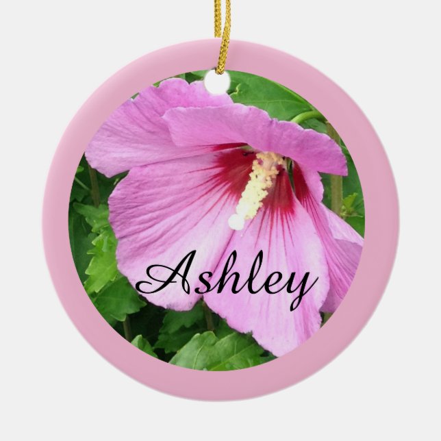 Pretty Pink Rose of Sharon Photo Personalized Ceramic Ornament (Front)