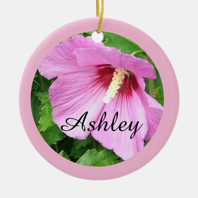 Pretty Pink Rose of Sharon Photo Personalized Ceramic Ornament (Front)